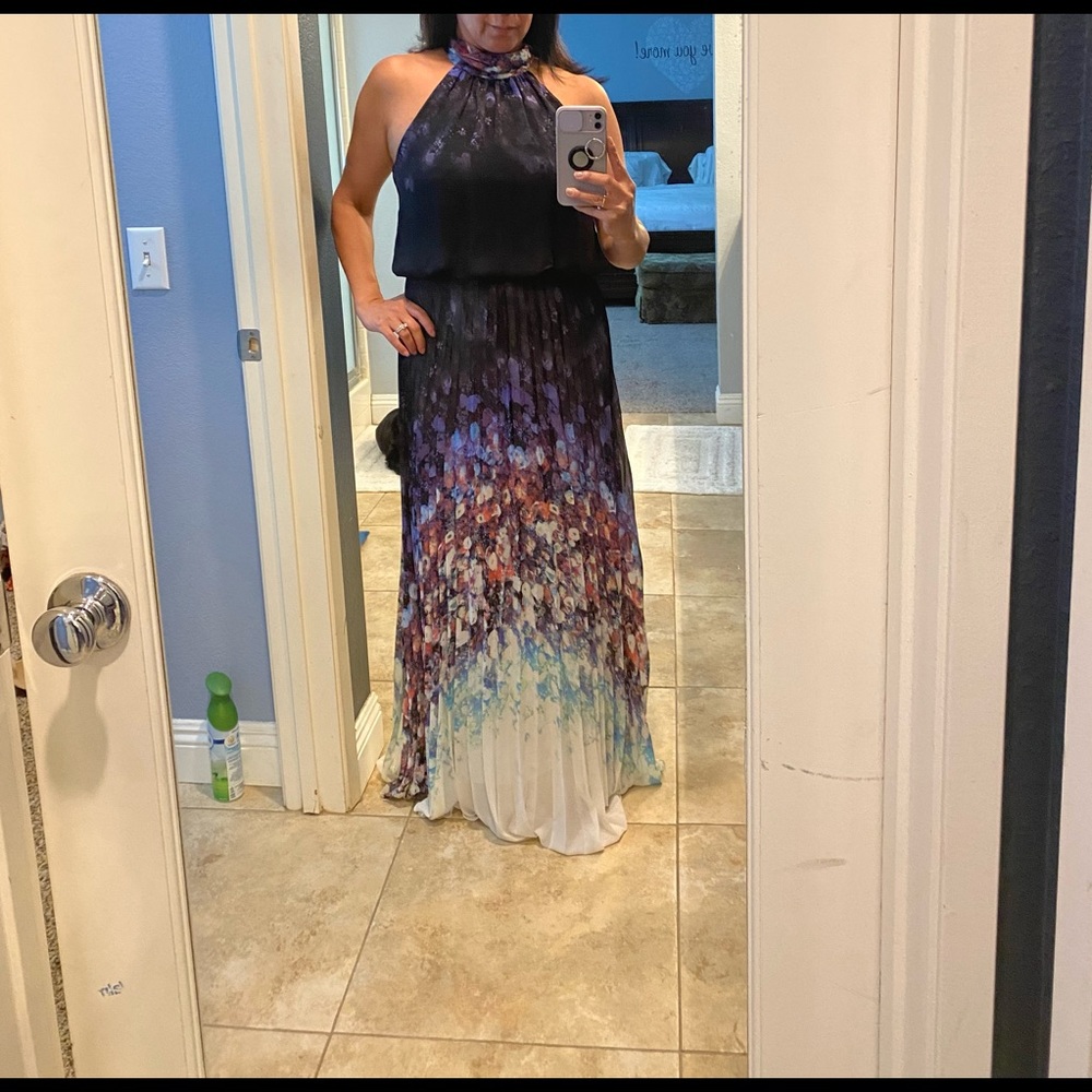 Aqua maxi dress, floral chiffon